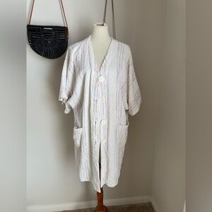 Vintage Crowntuft White Stripe Button Chenille Beach Cover Up Robe, Size 1X